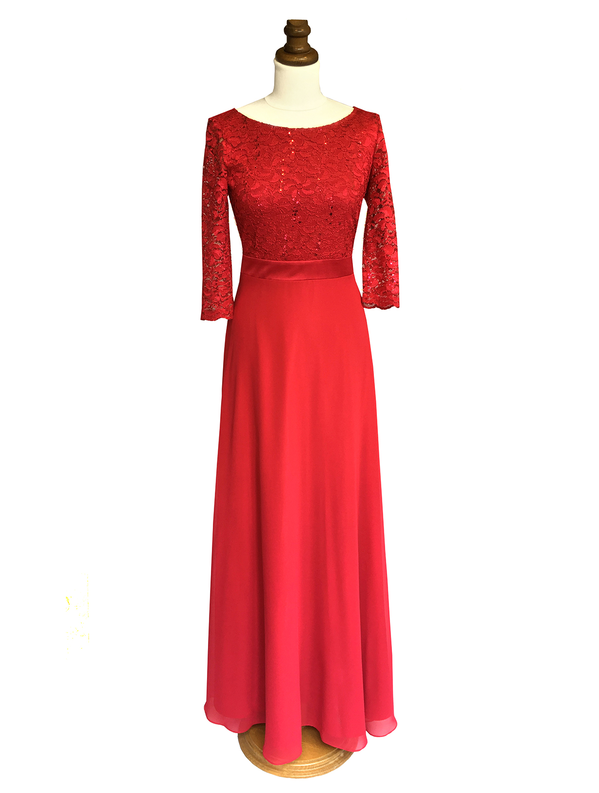 Nauwgezet Beschikbaar Traditioneel Lange avondjurken: Rode jurk met kanten top en lange mouw maat 44